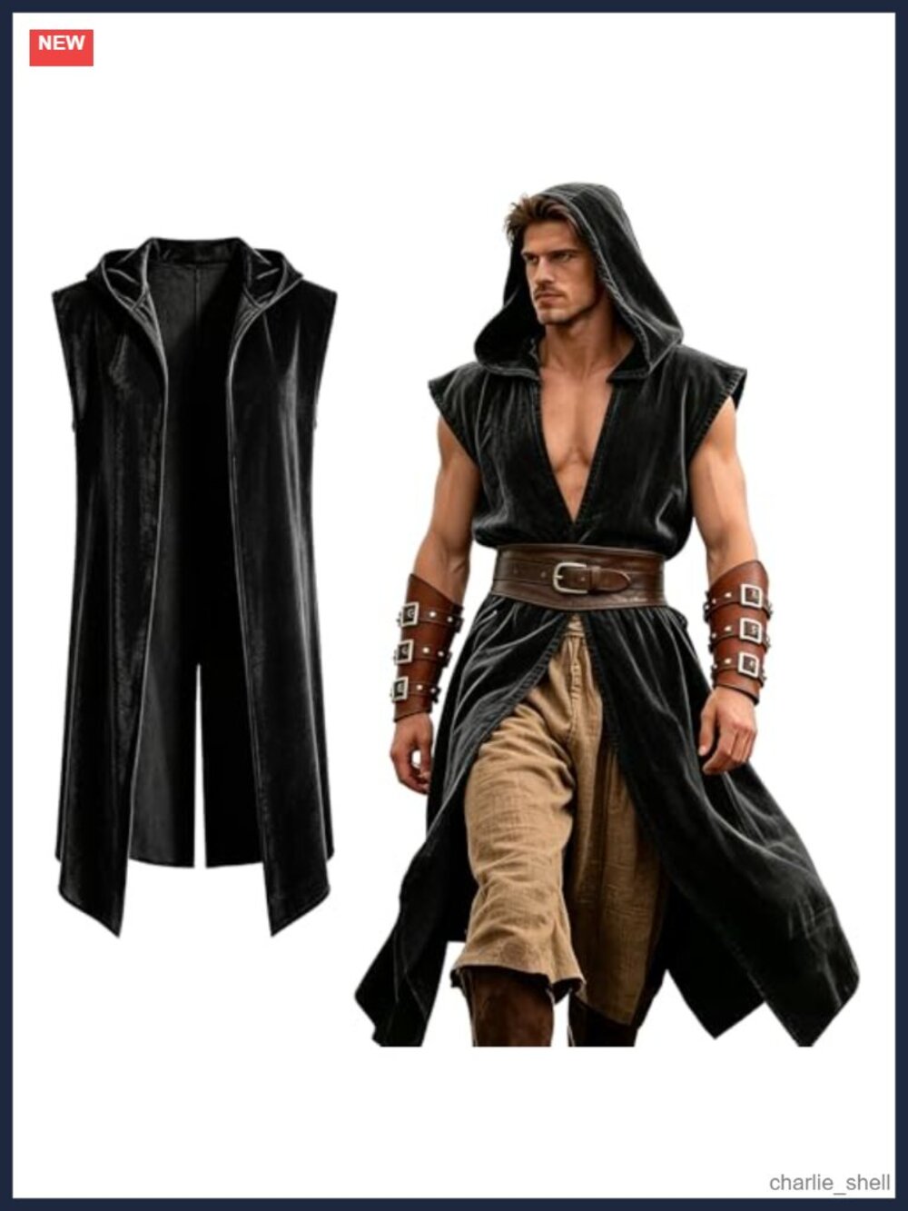 Mens Medieval Hooded Surcoat Sleeveless Renaissance Cloak Cotton Linen Blend